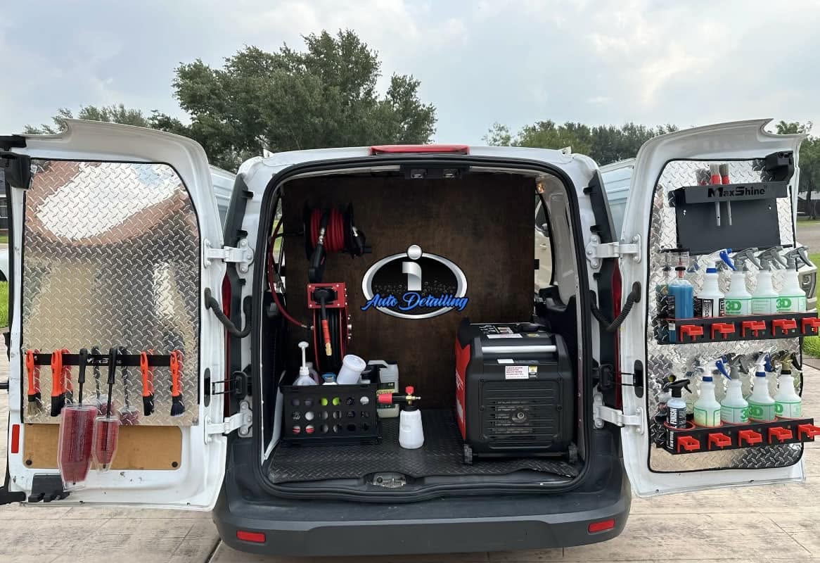 I Auto Detailing mobile van with full equipment rig including foam cannon, MaxShine polisher, and 3D chemicals ready for a mobile detail in McAllen TX